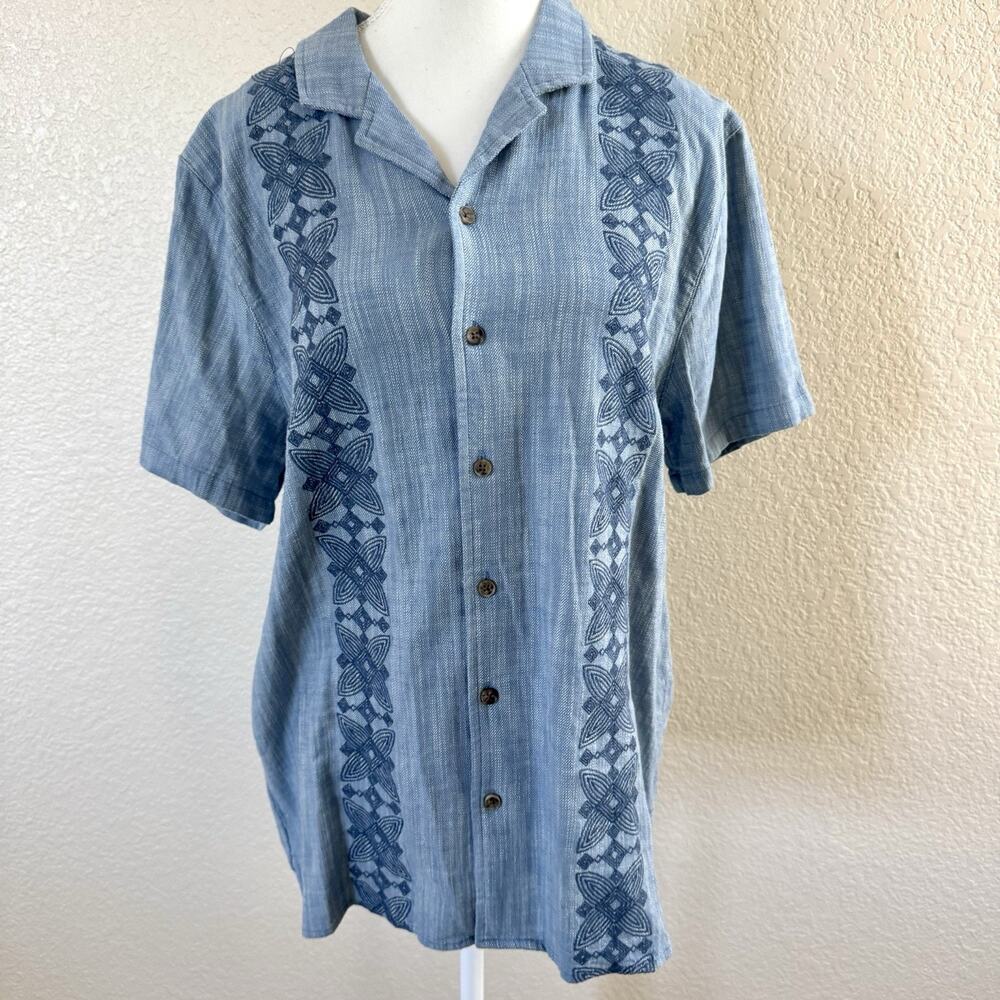 Magaschoni Mens Small Blue Embroidered Short Sleeve Button Shirt Cotton Stretch